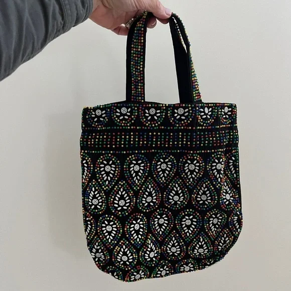 Vintage Beaded Tote Bag Purse Retro 60s 70s Rainbow Plastic Beads Black Funky - Picture 2 of 7